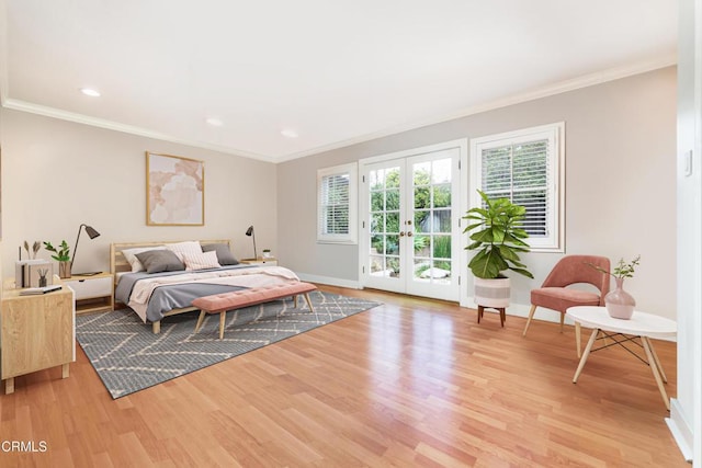 4402 El Camino Corto Ln, Canada Flintridge, CA 91011 - bedroom with access to exterior, light wood finished floors, baseboards, ornamental molding, and french doors