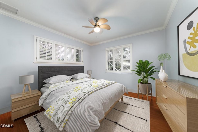 4402 El Camino Corto Ln, Canada Flintridge, CA 91011 - bedroom with ornamental molding, wood finished floors, baseboards, and a ceiling fan