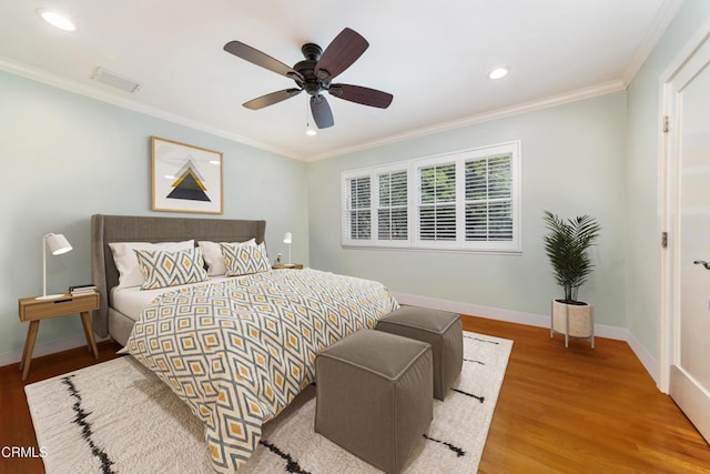 4402 El Camino Corto Ln, Canada Flintridge, CA 91011 - bedroom with wood finished floors, crown molding, baseboards, recessed lighting, and a ceiling fan