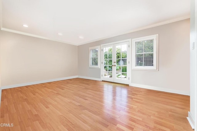 4402 El Camino Corto Ln, Canada Flintridge, CA 91011 - spare room featuring ornamental molding, baseboards, light wood finished floors, french doors, and recessed lighting