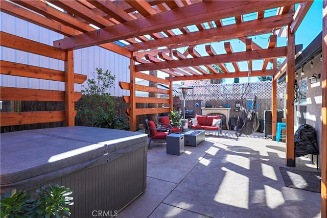 6030 Lea Ct, Winton, CA 95388 - view of patio / terrace featuring an outdoor living space, fence, and a hot tub