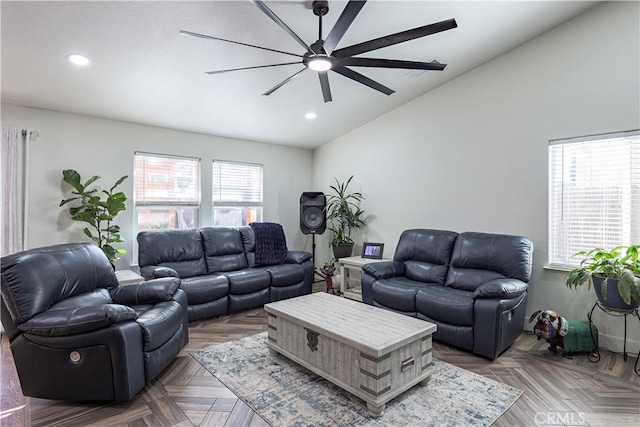 6030 Lea Ct, Winton, CA 95388 - living room featuring lofted ceiling, ceiling fan, and recessed lighting