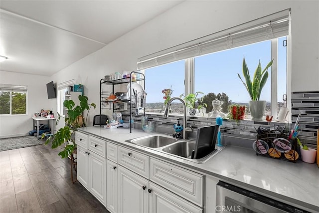 kitchen featuring tasteful backsplash, a sink, wine cooler, white cabinetry, and dark wood-type flooring