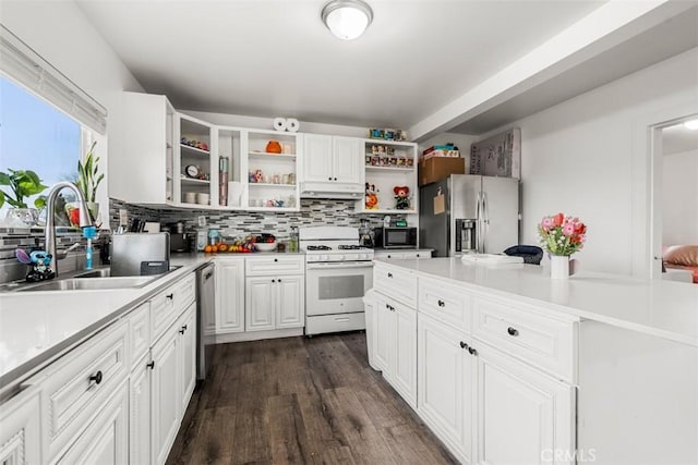 kitchen with open shelves, under cabinet range hood, a sink, stainless steel appliances, and backsplash