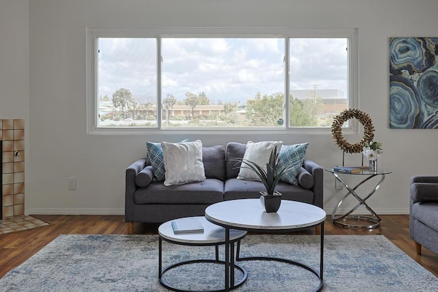 living area with wood finished floors, a healthy amount of sunlight, and baseboards