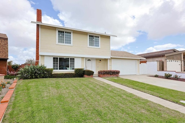 traditional home with a garage, a chimney, driveway, fence, and a front yard