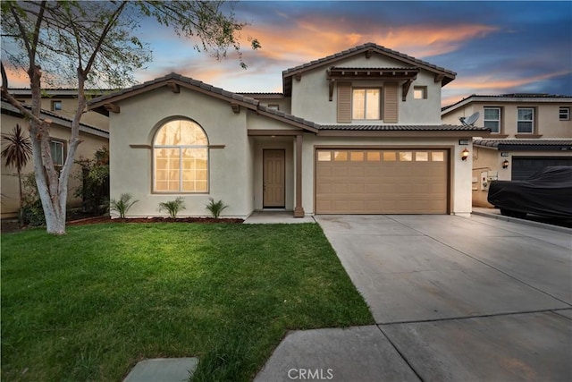 1984 Bronte Rd, San Jacinto, CA 92583 - view of front of property with a tile roof, driveway, a front yard, stucco siding, and an attached garage