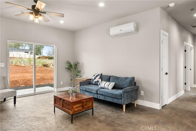 living area featuring concrete floors, a wall mounted AC, ceiling fan, baseboards, and recessed lighting