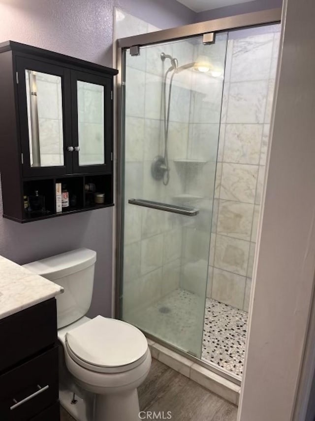 full bathroom with a shower stall, toilet, vanity, and wood finished floors
