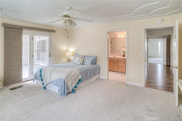 bedroom with ensuite bathroom, visible vents, carpet flooring, a ceiling fan, and access to outside