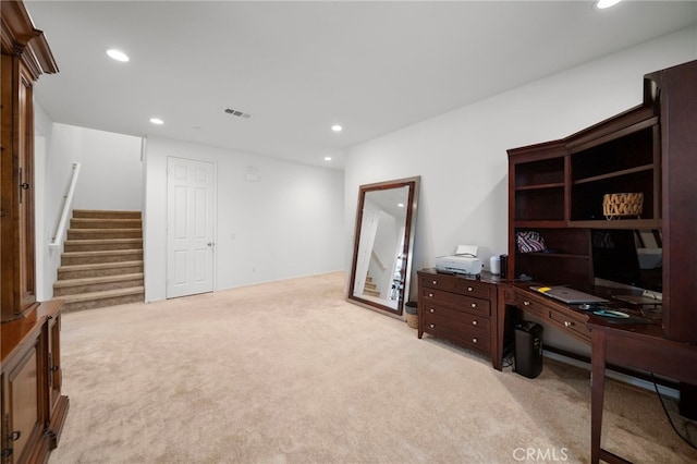 office area with light carpet, visible vents, and recessed lighting