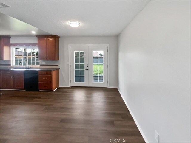 4739 Belmont Pl, Chino, CA 91710 - kitchen featuring french doors, baseboards, black dishwasher, dark wood-style flooring, and healthy amount of natural light