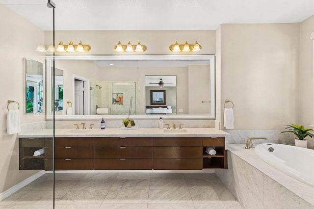 6497 Wayfinders Ct, Carlsbad, CA 92011 - full bath featuring double vanity, a bath, a shower stall, a ceiling fan, and marble look tile flooring