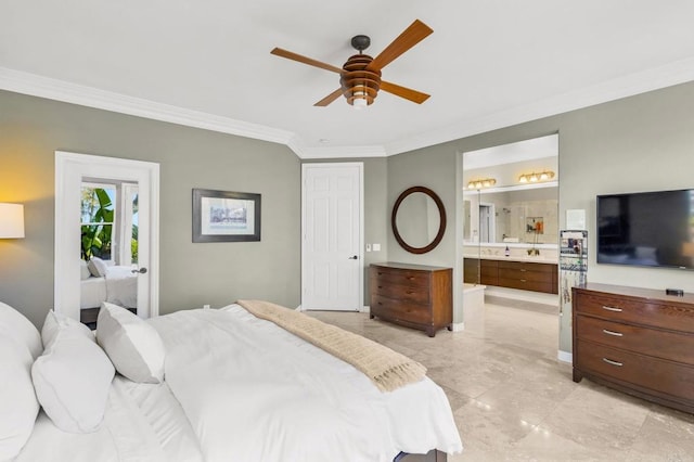 6497 Wayfinders Ct, Carlsbad, CA 92011 - bedroom with crown molding, ensuite bath, light marble finish floors, and ceiling fan