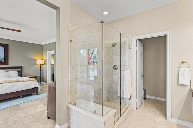 6497 Wayfinders Ct, Carlsbad, CA 92011 - ensuite bathroom with a stall shower and crown molding