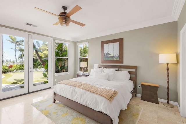 6497 Wayfinders Ct, Carlsbad, CA 92011 - bedroom with access to outside, crown molding, and ceiling fan