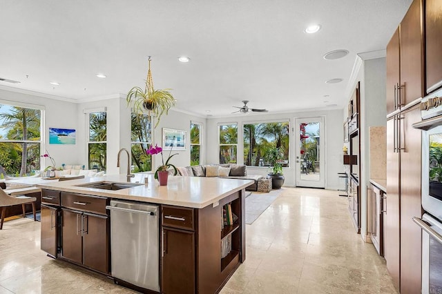 6497 Wayfinders Ct, Carlsbad, CA 92011 - kitchen featuring dishwasher, ornamental molding, open floor plan, light countertops, and recessed lighting