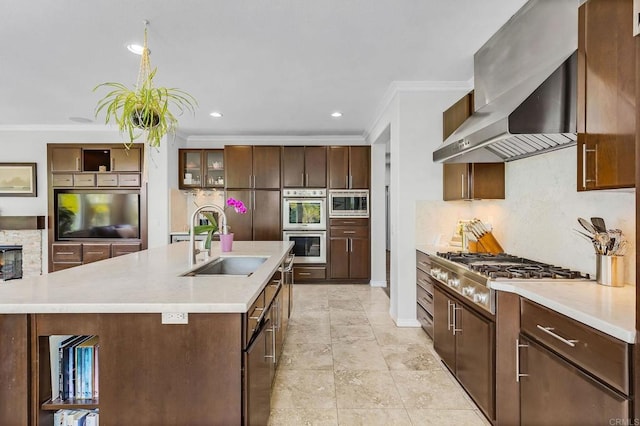 6497 Wayfinders Ct, Carlsbad, CA 92011 - kitchen featuring stainless steel appliances, ornamental molding, light countertops, decorative backsplash, and recessed lighting