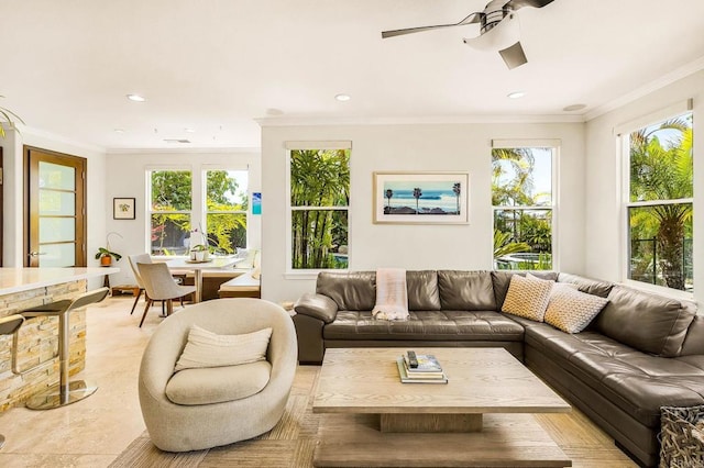 6497 Wayfinders Ct, Carlsbad, CA 92011 - living area with plenty of natural light, a ceiling fan, ornamental molding, and recessed lighting