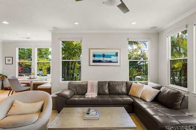 6497 Wayfinders Ct, Carlsbad, CA 92011 - living area with plenty of natural light, ceiling fan, recessed lighting, light wood-type flooring, and crown molding