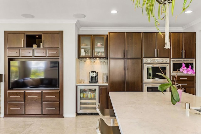 6497 Wayfinders Ct, Carlsbad, CA 92011 - kitchen with stainless steel appliances, wine cooler, crown molding, light stone countertops, and glass insert cabinets