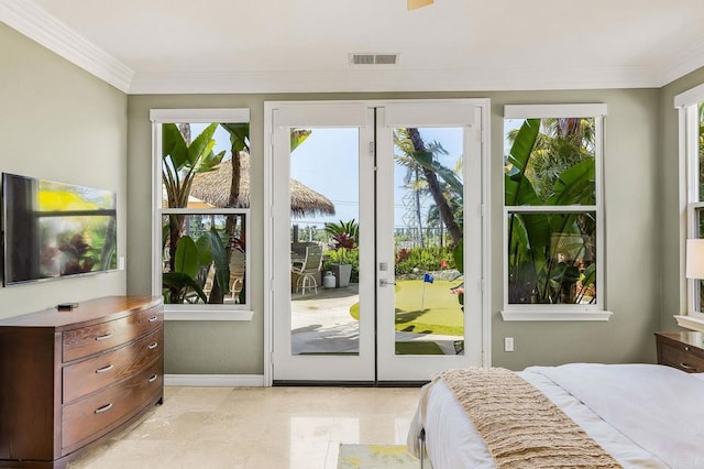 6497 Wayfinders Ct, Carlsbad, CA 92011 - bedroom with access to exterior, ornamental molding, and french doors