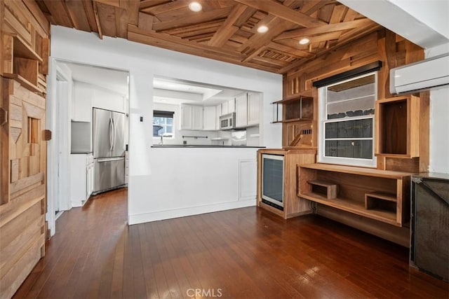 210 39th St, Newport Beach, CA 92663 - kitchen with open shelves, appliances with stainless steel finishes, a wall mounted AC, dark wood finished floors, and wooden ceiling