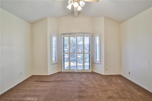 2003 Springcreek Cir, Upland, CA 91784 - empty room featuring carpet floors, ceiling fan, vaulted ceiling, and baseboards
