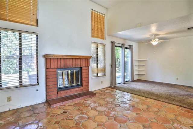 2003 Springcreek Cir, Upland, CA 91784 - unfurnished living room featuring a fireplace, ceiling fan, and carpet floors