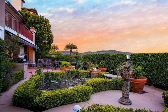 view of yard with a mountain view and a patio area