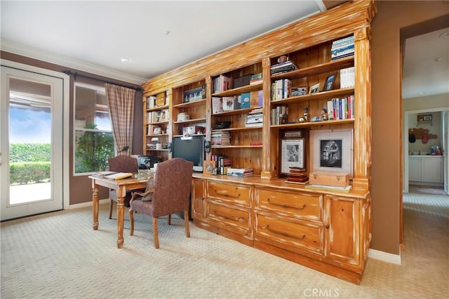 home office featuring baseboards, crown molding, and light colored carpet