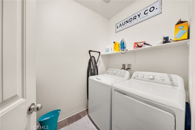 laundry area with washing machine and clothes dryer, baseboards, laundry area, and tile patterned floors
