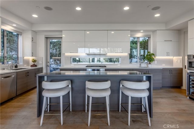 kitchen featuring a breakfast bar area, a sink, modern cabinets, and stainless steel appliances