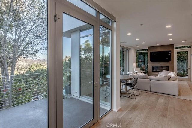 doorway to outside featuring light wood-style flooring, recessed lighting, plenty of natural light, and a fireplace