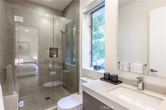 bathroom featuring vanity, a stall shower, and toilet
