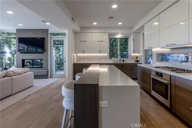 kitchen with open floor plan, a healthy amount of sunlight, modern cabinets, and stainless steel appliances