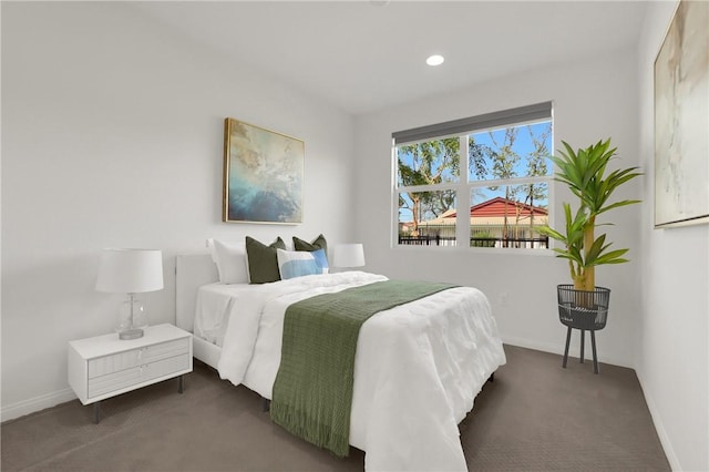 carpeted bedroom with baseboards and recessed lighting
