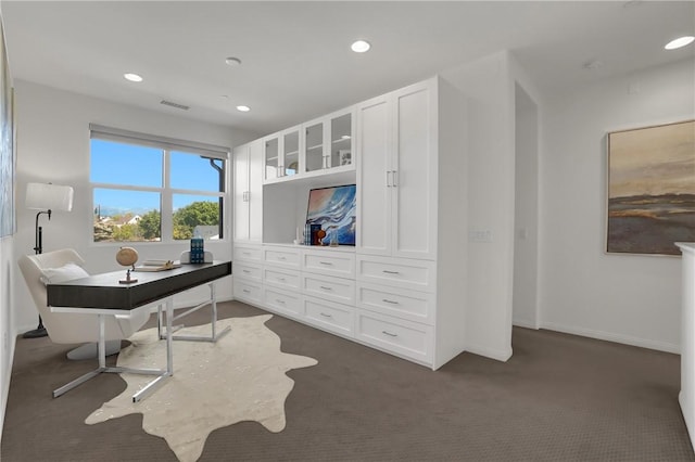 carpeted office space with recessed lighting, visible vents, and baseboards