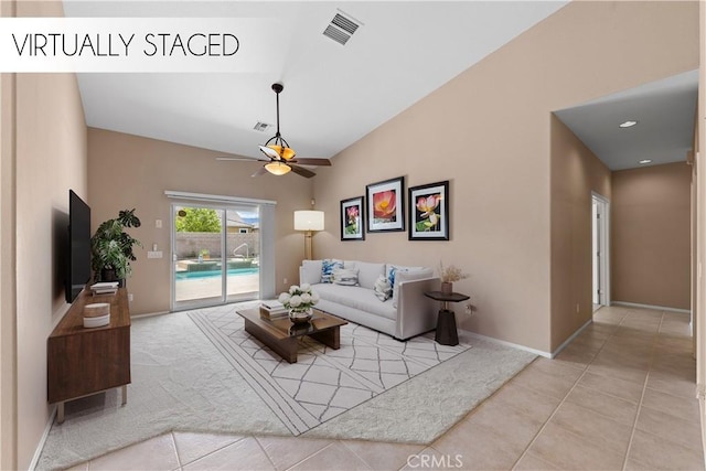 74119 Academy Ln E, Palm Desert, CA 92211 - carpeted living area featuring a ceiling fan, baseboards, and tile patterned floors