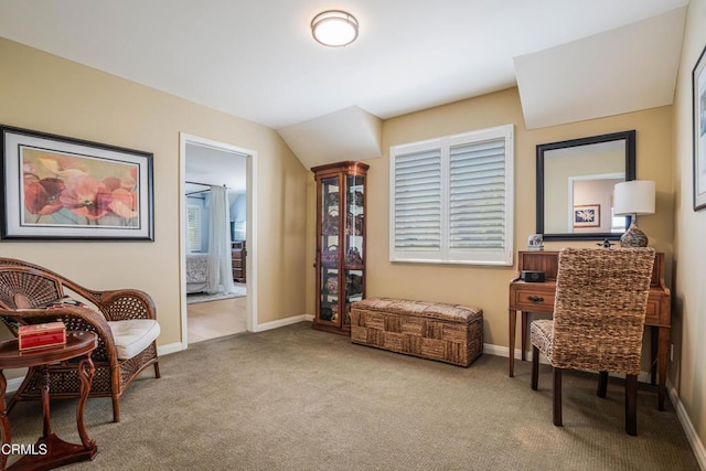living area with carpet and baseboards