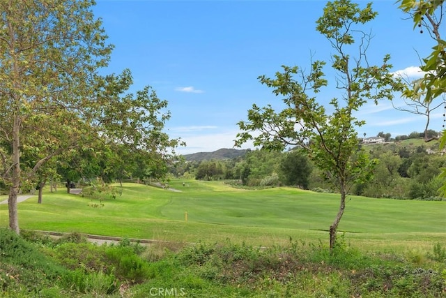 view of community with a yard, a mountain view, and golf course view