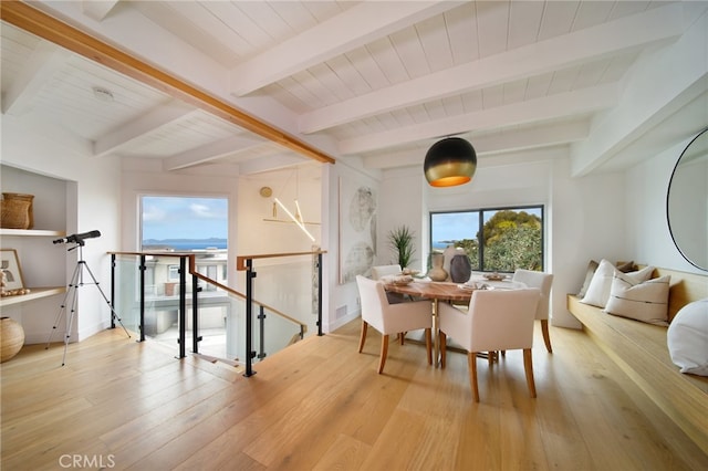 2604 Victoria Dr, Laguna Beach, CA 92651 - dining room featuring wood finished floors, wooden ceiling with exposed beams, and baseboards