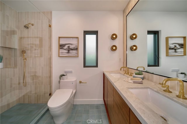 2604 Victoria Dr, Laguna Beach, CA 92651 - bathroom featuring tile patterned flooring, toilet, tiled shower, and double vanity