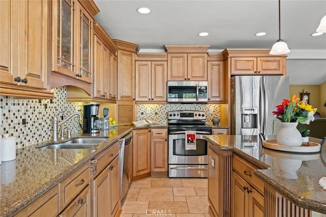 20140 Bouma Ct, Cerritos, CA 90703 - kitchen with stainless steel appliances, a sink, dark stone countertops, glass insert cabinets, and decorative light fixtures