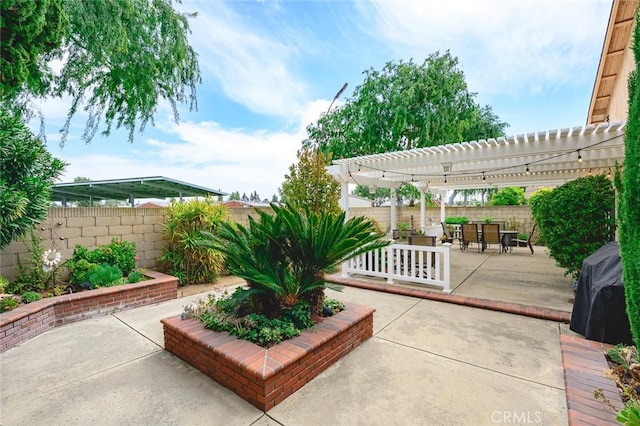 20140 Bouma Ct, Cerritos, CA 90703 - fenced backyard featuring a patio, a pergola, and outdoor dining space