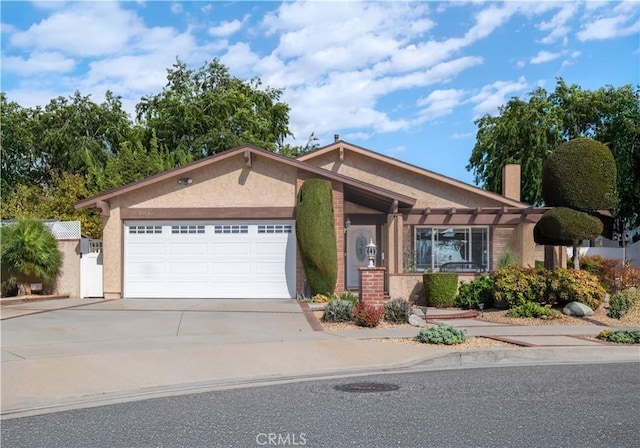 20140 Bouma Ct, Cerritos, CA 90703 - view of front of house featuring stucco siding, an attached garage, concrete driveway, a chimney, and a pergola