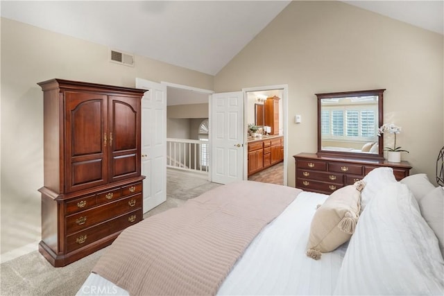 24118 Saint Moritz Dr, Valencia, CA 91355 - bedroom with light colored carpet, high vaulted ceiling, and connected bathroom