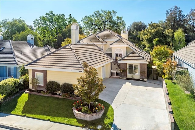 view of front of house with a tile roof, brick siding, concrete driveway, and a chimney