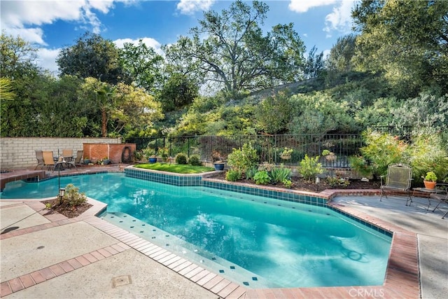 view of swimming pool with a fenced in pool, a patio, and a fenced backyard
