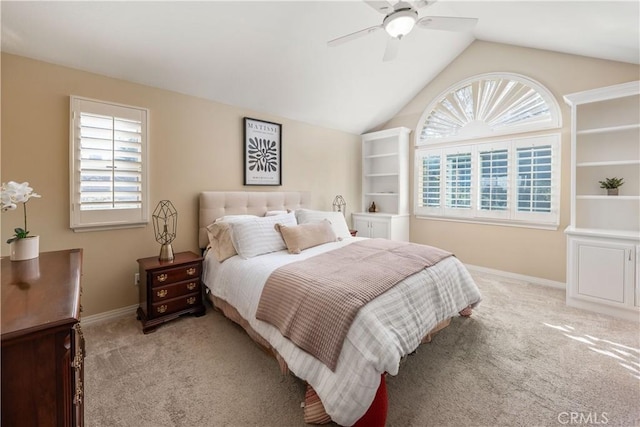 24118 Saint Moritz Dr, Valencia, CA 91355 - bedroom with light carpet, lofted ceiling, and ceiling fan